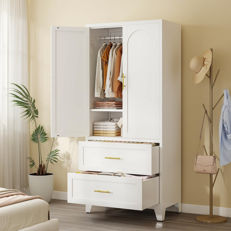 Metal Armoire Wardrobe Closet with Drawers, 2 Doors and Adjustable Shelf, White Wardrobe Cabinet 70.87" X 31.5" X 17.72" Tall Storage Cabinets for Bedroom, Laundry Room, Office