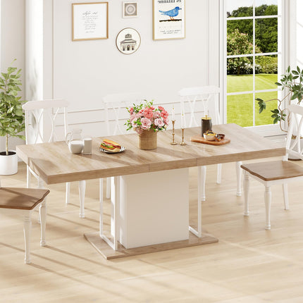 63"-78.7" Expandable Dining Table, 6-10 Farmhouse Kitchen Table, Extendable Dining Room Tables, Rectangular Table with Metal Track, Stable Central Column Base for Living Room, Home-Oak