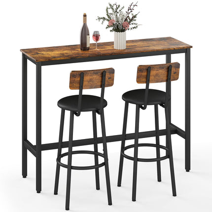 Dining Table Set for 2, 3-Piece Bar Table and Chairs Set, Kitchen Table and Chairs, High Top Table with 2 PU Upholstered Stools, Space-Saving Pub Table Sets for Small Space, Brown
