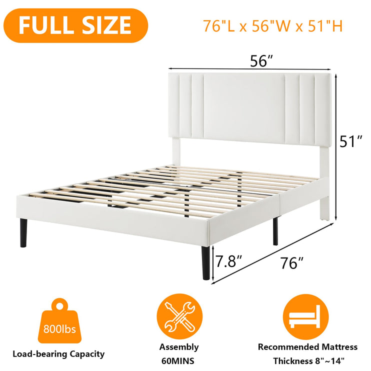 Upholstered Bed Frame King, PU Leather Upholstered Bed Frame with Headboard, Mattress Foundation with Sturdy Wooden Slats, No Box Spring Needed, No Noise, White