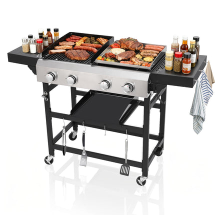4 Burner Gas Grill and Griddle Combo with Foldable Side Table, Wheels, Stainless Steel Burners, Hooks, 38,240 BTU Gas Grill for Patio, Garden Barbecues