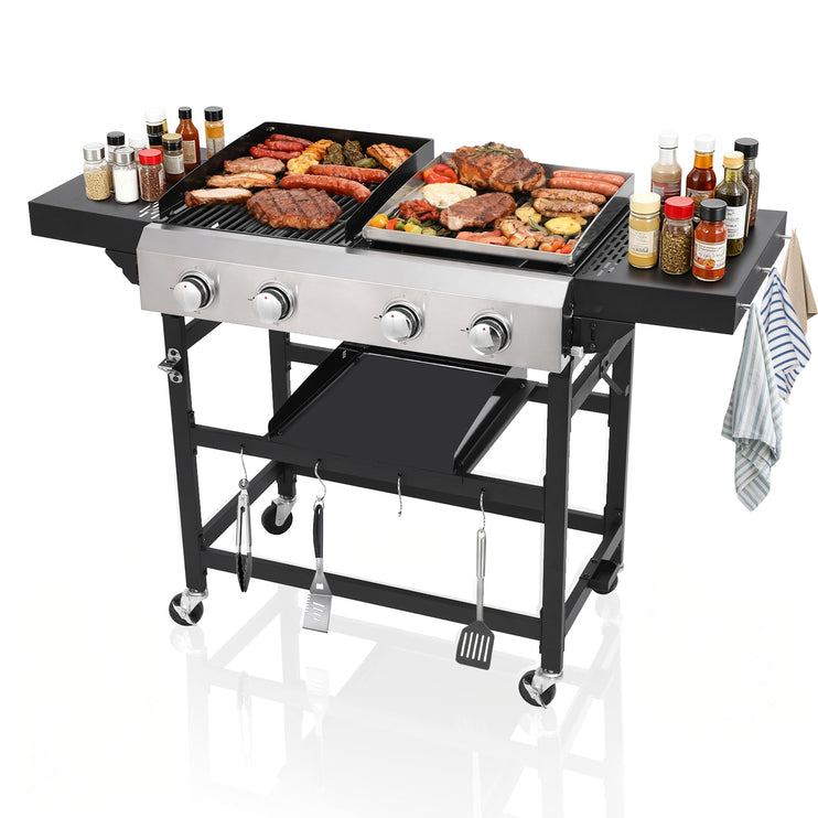 4 Burner Gas Grill and Griddle Combo with Foldable Side Table, Wheels, Stainless Steel Burners, Hooks, 38,240 BTU Gas Grill for Patio, Garden Barbecues