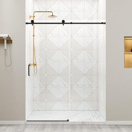 56"-60" W x 76" H Frameless Sliding Shower Door, Bathroom Sliding Door with 1/4'' (6mm) Tempered Glass, Explosion-Proof Film, Silent Soft-Close Shower Door, Stainless Steel Handle, Black