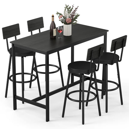 Dining Table Set for 4, 5-Piece Bar Table Set, Kitchen Table and Chairs, Counter Height High Top Table with 4 PU Upholstered Stools, Space-Saving Pub Tables Set for Small Space, Black