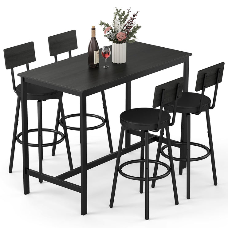 Dining Table Set for 4, 5-Piece Bar Table Set, Kitchen Table and Chairs, Counter Height High Top Table with 4 PU Upholstered Stools, Space-Saving Pub Tables Set for Small Space, Black