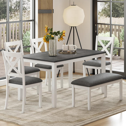 6-Piece Solid Wood Dining Table Set, Including 1 Dining Table, 4 Upholstered Chairs and 1 Bench, Wooden Legs Dining Table Set for Dining Room, Kitchen, Restaurant, White