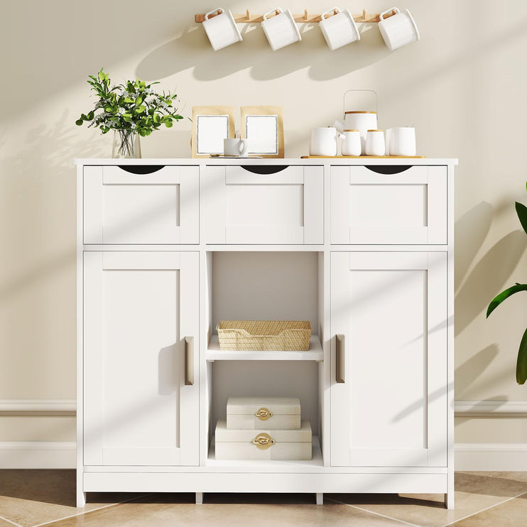 Modern Farmhouse Sideboard Buffet Cabinet, Kitchen Storage Cabinet, Coffee Bar Cabinet with Drawer and Adjustable Shelf, Accent Cabinets with Storage for Kitchen, Dining Room, White