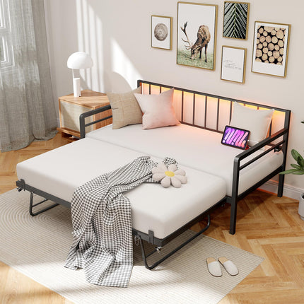 Twin Daybed with Pop Up Trundle, Metal Day Bed Frame with LED Lights and Charging Station, Day Bed with Trundle Bed Twin, Black Daybed for Living Room, Bedroom, Guest Room