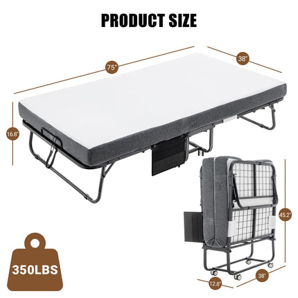 Folding Bed with 5" Mattress for Adults Portable Rollaway Bedframe for Guests, Strong Metal Frame 75” x 39” Black Gray