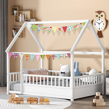 Twin House Bed for Kids, Wooden Montessori Bed with Fence and Roof for Toddlers, Kids Floor Bed Frame for Girls & Boys, Twin Grey