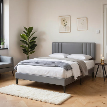 Upholstered Bed Frame King, PU Leather Upholstered Bed Frame with Headboard, Mattress Foundation with Sturdy Wooden Slats, No Box Spring Needed, No Noise, Grey