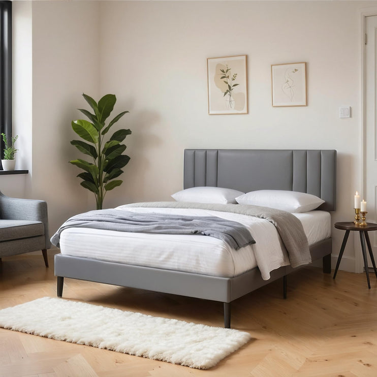 Upholstered Bed Frame King, PU Leather Upholstered Bed Frame with Headboard, Mattress Foundation with Sturdy Wooden Slats, No Box Spring Needed, No Noise, Grey