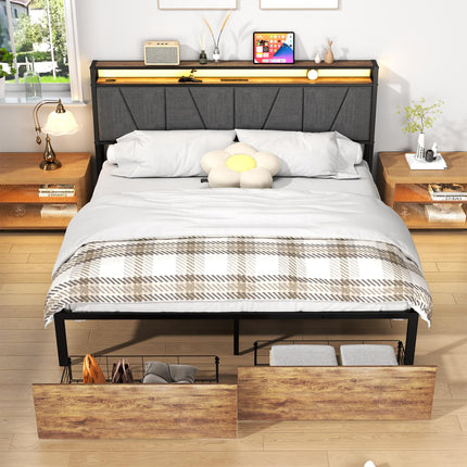 Queen Bed with Storage Shelf, Queen Bed with LED Lights, Charging Station & Drawers, Queen Size Bed with Upholstered Headboard, No Noise, Black and Brown