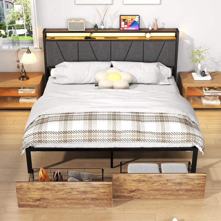 Queen Bed with Storage Shelf, Queen Bed with LED Lights, Charging Station & Drawers, Queen Size Bed with Upholstered Headboard, No Noise, Black and Brown