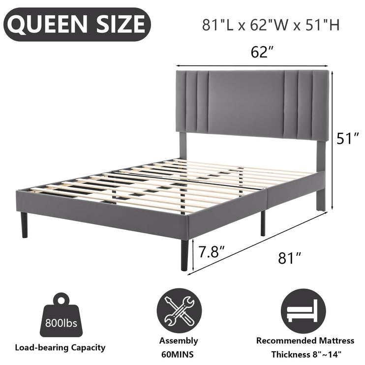 Upholstered Bed Frame King, PU Leather Upholstered Bed Frame with Headboard, Mattress Foundation with Sturdy Wooden Slats, No Box Spring Needed, No Noise, Grey