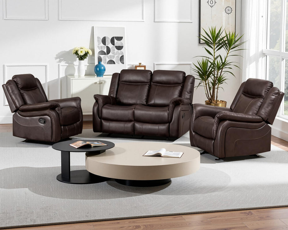 3-Piece Recliner Sofa Set, 1+2+1, 1+3+1, 1+2+3 Pieces in Living Room, Loveseat Sofa, Recliner Chair & Sofa Set with PU Leather, Cup Holders, Backrest & Angle Adjustment for Office & Home Theater, Brown Seat