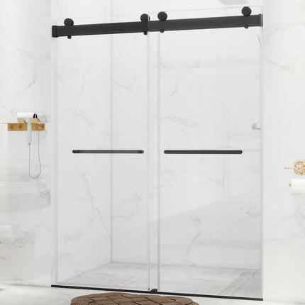 56-60'' W x 76 '' H Shower Doors, Frameless Double Sliding Doors, Walk in Shower Doors with 3/8" (10 mm) Tempered Glass, Stainless Steel Handles, Matte Black