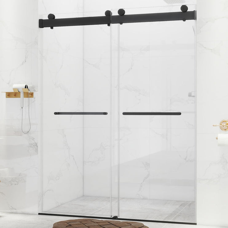 56-60'' W x 76 '' H Shower Doors, Frameless Double Sliding Doors, Walk in Shower Doors with 3/8" (10 mm) Tempered Glass, Stainless Steel Handles, Matte Black