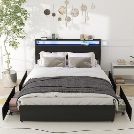 Queen Bed Frame with 4 Storage Drawers, Queen Size Bed Frame with Headboard, LED, Charging Station with USB Ports & AC Outlets, Sturdy Metal Slat Support, No Noise, Black