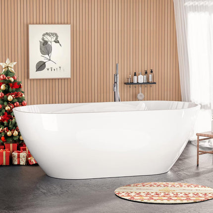 63" Acrylic Freestanding Bathtub, Glossy White Contemporary Soaking Tub with Toe-Tap Chrome Drain, Integrated Slotted Brushed Nickel Overflow, 61 Gal cUPC Certified Tub