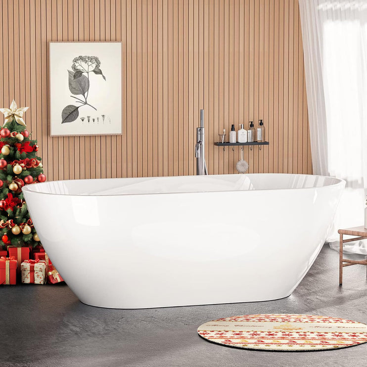 63" Acrylic Freestanding Bathtub, Glossy White Contemporary Soaking Tub with Toe-Tap Chrome Drain, Integrated Slotted Brushed Nickel Overflow, 61 Gal cUPC Certified Tub