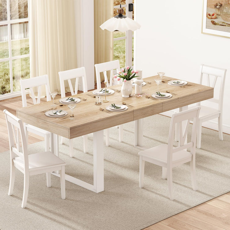 63"-78.7" Expandable Dining Table, 6-10 Farmhouse Kitchen Table, Extendable Dining Table, Rectangular Kitchen Table with Metal Track, Tapered U-Shaped Legs for Dining Room, Office-Oak