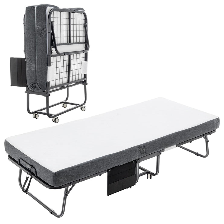 Folding Bed with 5" Mattress for Adults Portable Rollaway Bedframe for Guests, Strong Metal Frame 75” x 39” Black Gray