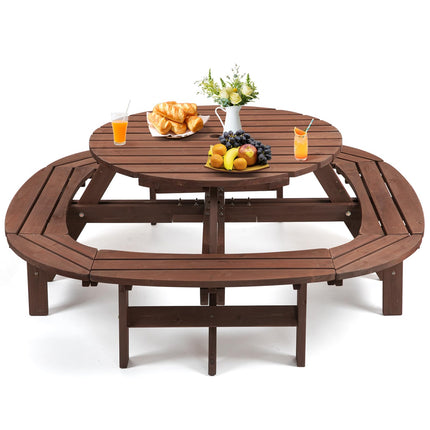 Wood Picnic Table for 10-12 People, Round Top with Umbrella Hole, 4 Built-in Curved Benches, 2220LBS Capacity for Patios & Backyards, Brown