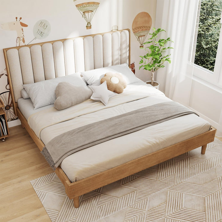 Wood Queen/King Bed Frame with Piano Key Style Upholstered Headboard, Sturdy Solid Wood Framework & Wooden Slat Support, No Box Spring Required, Wheat