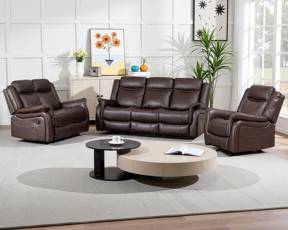 3-Piece Recliner Sofa Set, 1+2+1, 1+3+1, 1+2+3 Pieces in Living Room, Loveseat Sofa, Recliner Chair & Sofa Set with PU Leather, Cup Holders, Backrest & Angle Adjustment for Office & Home Theater, Brown Seat