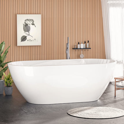 59 Inch Acrylic Freestanding Bathtub, Glossy White Contemporary Soaking Tub with Silver Toe-Tap Pop-Up Chrome Drain, Integrated Slotted Brushed Nickel Overflow, 55 Gal cUPC Certified Tub