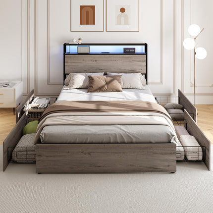 Queen Bed Frame with 4 Drawers & Headboard, Queen Size Metal Platform Bed Frame with Charging Station, LED Lights, Sturdy & Stable Queen Size Bedframe, Noiseless, No Box Spring Needed