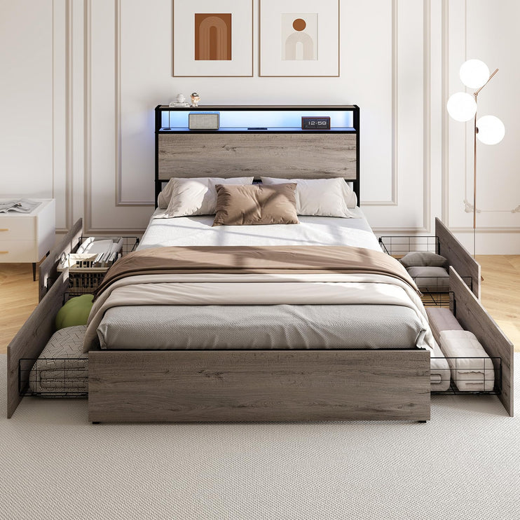 Queen Bed Frame with 4 Drawers & Headboard, Queen Size Metal Platform Bed Frame with Charging Station, LED Lights, Sturdy & Stable Queen Size Bedframe, Noiseless, No Box Spring Needed
