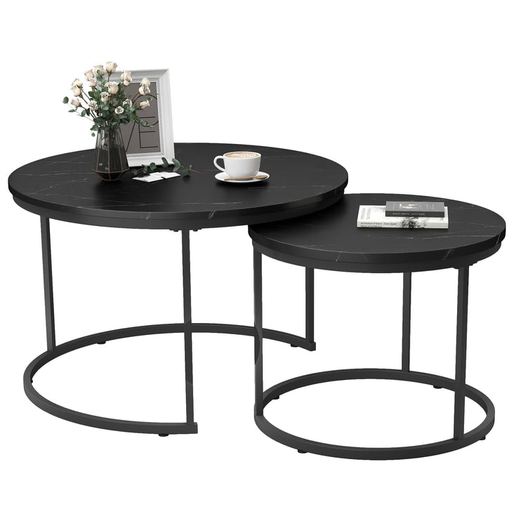 Small Coffee Table Round, Wood Nesting Coffee Table Set 27.6” with Marble Pattern Circle Table for Living Room, Bedroom, Patio, Yard (Black)
