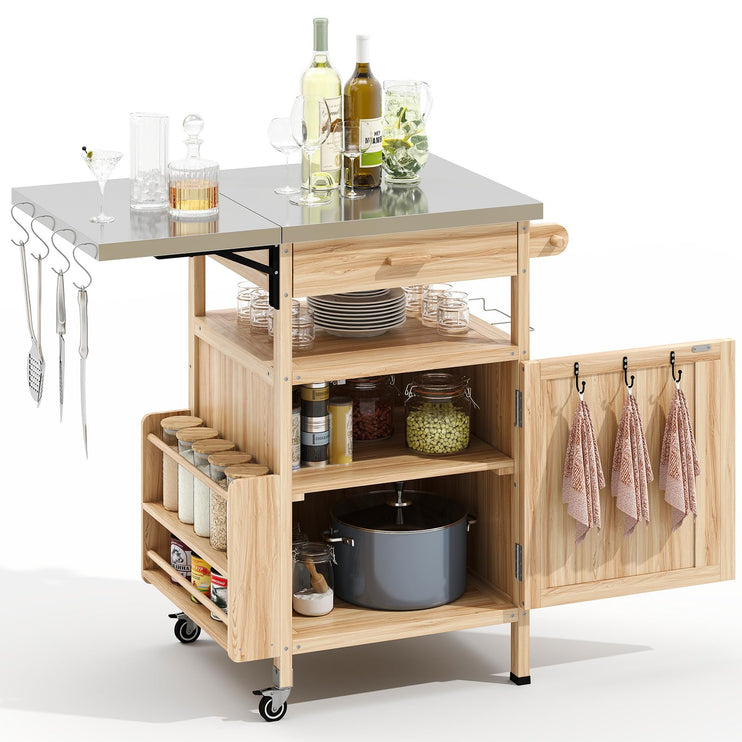 Outdoor Grill Cart with Drop Leaf, Stainless Steel Tabletop Outdoor Kitchen Island, Solid Wood Outdoor Buffet Cabinet with Drawer, Towel Rack, Lockable Wheels for Grilling, Brown/Light Wood Color/Gray-blue