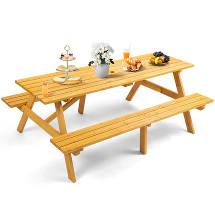 8 Person Wood Picnic Table, Rectangle Tabletop with Umbrella Hole, 2 Built-in Long Benches, 2220LBS Total Capacity for Gardens, Yards, Pale Wood