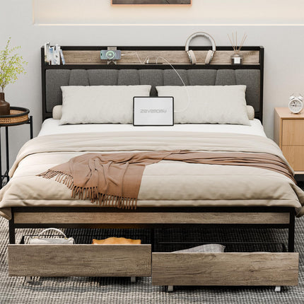 Queen Size Bed Frame with Charging Station, Storage Shelf Headboard with 2 USB Ports & 2 Power Outlets, Platform Bed Frame with 2 Drawers, No Box Spring Needed, Rustic Grey