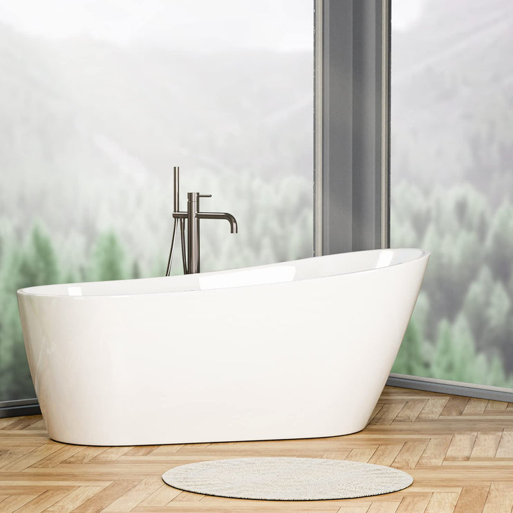 Freestanding Bathtub, 55 inch Acrylic Free Standing Soaking Bathroom Tub with Brushed Nickel-Finished Overflow and Anti-Clogging Drain, Easy Installation