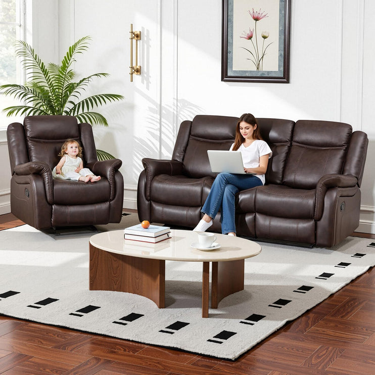 Adjustable Recliner Sofa Set, 2-Piece Reclining Couch (1+3, 2+3), Single Seat Recliner & Sofa Set with PU Leather, Cup Holders, Ergonomic Backrest & Angle Adjustment for Living Room & Office, Brown Seat