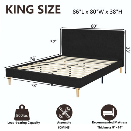 Upholstered Bed Frame Full/Queen/King, Velvet Upholstered Bed Frame with Headboard, Mattress Foundation with Sturdy Wooden Slats, No Box Spring Needed, No Noise, Black