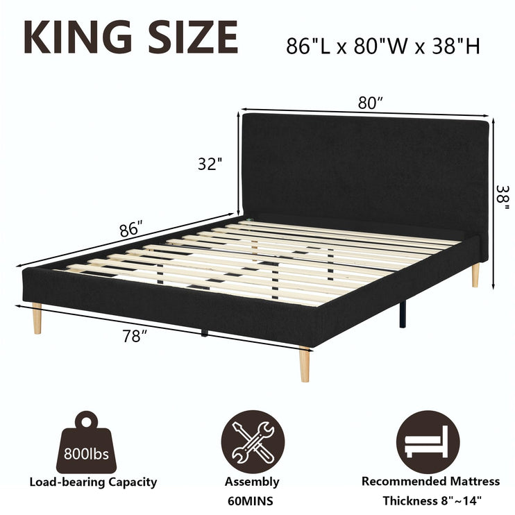 Upholstered Bed Frame Full/Queen/King, Velvet Upholstered Bed Frame with Headboard, Mattress Foundation with Sturdy Wooden Slats, No Box Spring Needed, No Noise, Black