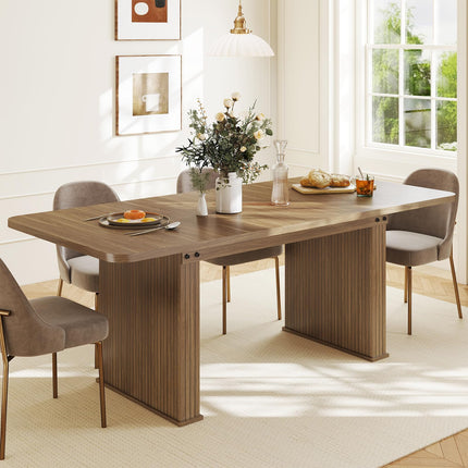 63"-78.7" Expandable Dining Table, 6-10 Farmhouse Kitchen Table, Rectangular Extendable Dining Table, with Metal Slide Track, Widened Wood Striped Legs for Dining Room-Beige Brown