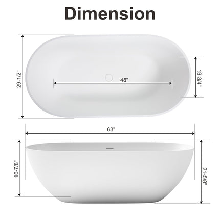 59/63/69 Inch Solid Surface Freestanding Bathtub, Oval Shaped Soaking Stone Resin Bath Tub with Brushed Overflow and Drain, Matte White Stand Alone Bathtub, cUPC Certified