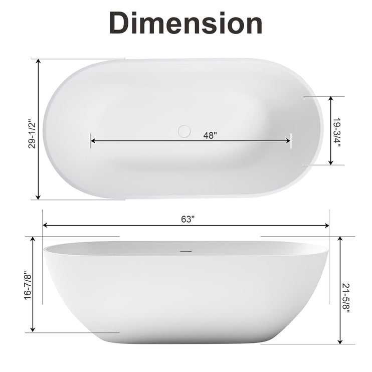 59/63/69 Inch Solid Surface Freestanding Bathtub, Oval Shaped Soaking Stone Resin Bath Tub with Brushed Overflow and Drain, Matte White Stand Alone Bathtub, cUPC Certified
