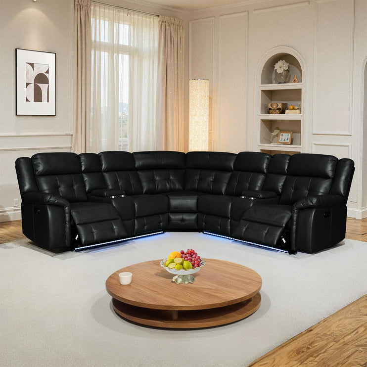 Power Leather Reclining Sofa with LED, Leather Couch with USB Port & Cup Holder/Storage Console for Living Room, Modern Power Recliner Sofa Sets with 2 Recliner Sectional, Brown