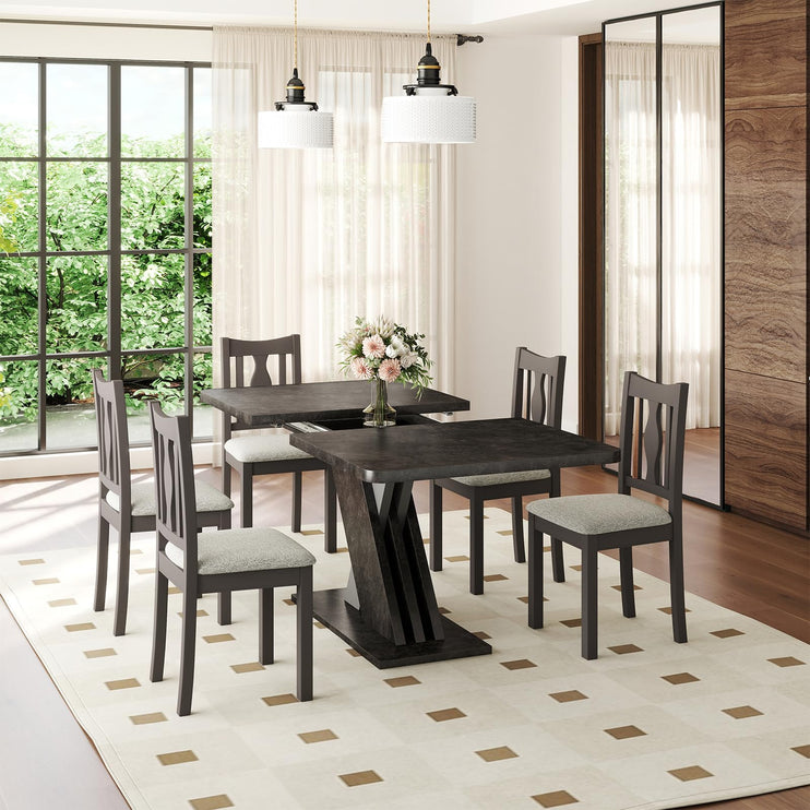 55"-70.87" Expandable Dining Table, Dinner Table for 4-8, Farmhouse Kitchen Table with X-Shaped Design Base, Rectangular Long Kitchen Table with Metal Track for Dining Room, Office-Marble