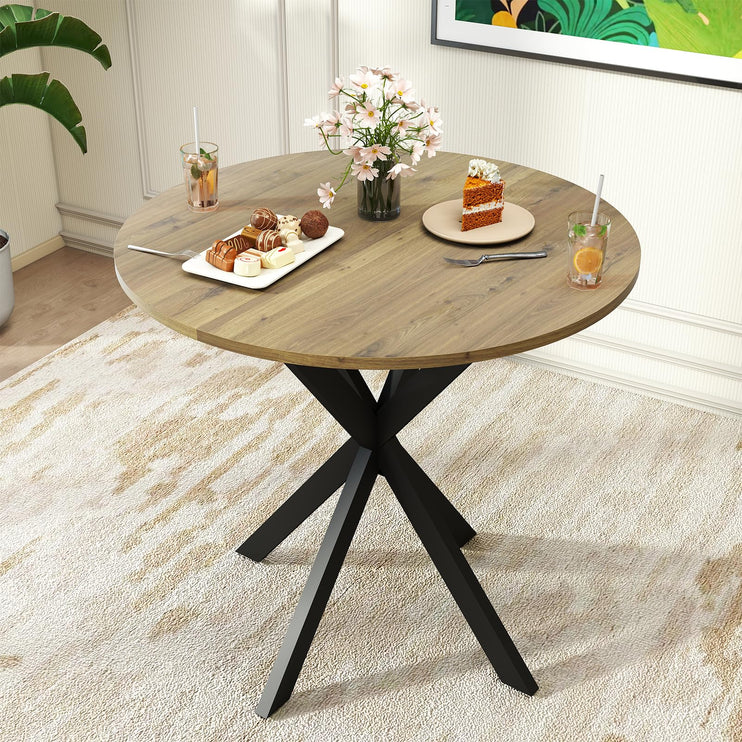 Round Dining Table, 31.5" Small Dining Table for 2-4, Round Kitchen Table with Metal Black Legs, Modern Round Dining Room Table for Kitchen, Apartment, Living Room, Brown
