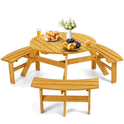 6 Person Wood Picnic Table, Round Tabletop with Umbrella Hole, 3 Built-in Curved Benches, 1720LBS Total Capacity for Balcony, Garden, Light Wood Color