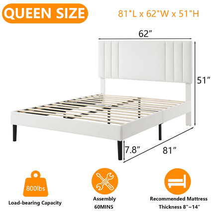 Upholstered Bed Frame King, PU Leather Upholstered Bed Frame with Headboard, Mattress Foundation with Sturdy Wooden Slats, No Box Spring Needed, No Noise, White
