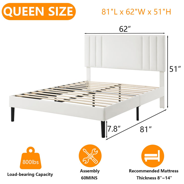 Upholstered Bed Frame King, PU Leather Upholstered Bed Frame with Headboard, Mattress Foundation with Sturdy Wooden Slats, No Box Spring Needed, No Noise, White